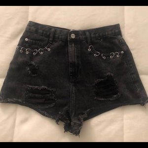 Black acid wash daisy shorts